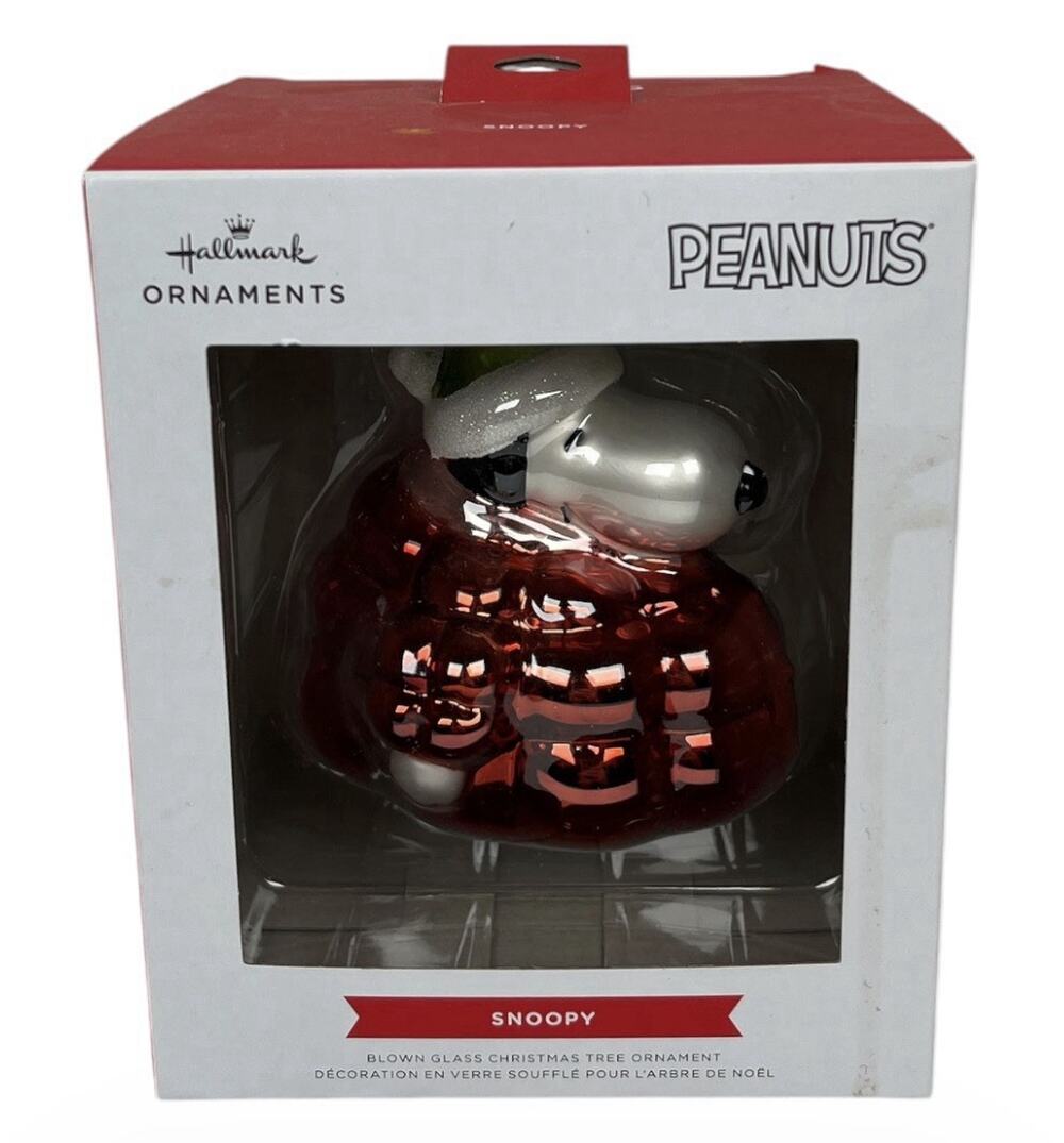Hallmark Peanuts Snoopy Blown Glass Ornament Large Puffer Coat Christmas NIB